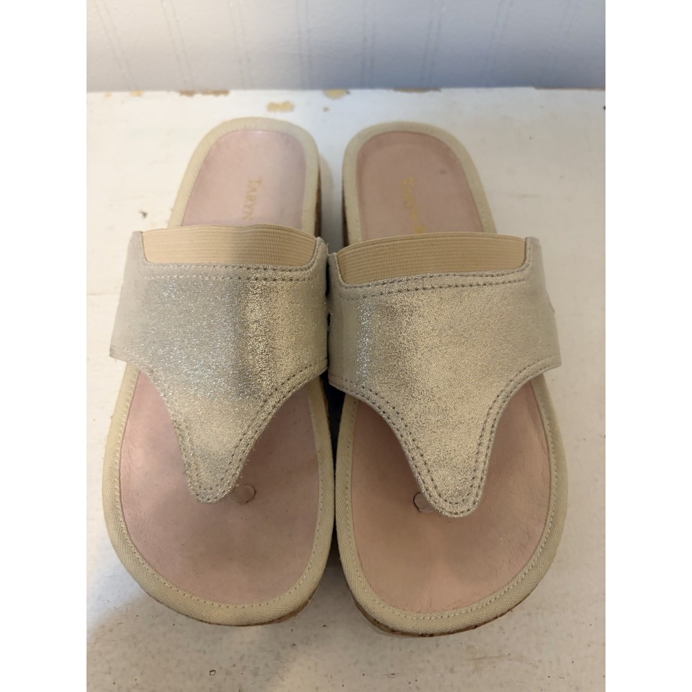 TARYN ROSE Womens Sz 5 Pale Gold Metallic ADELLE Thong Cork Platform Sandals